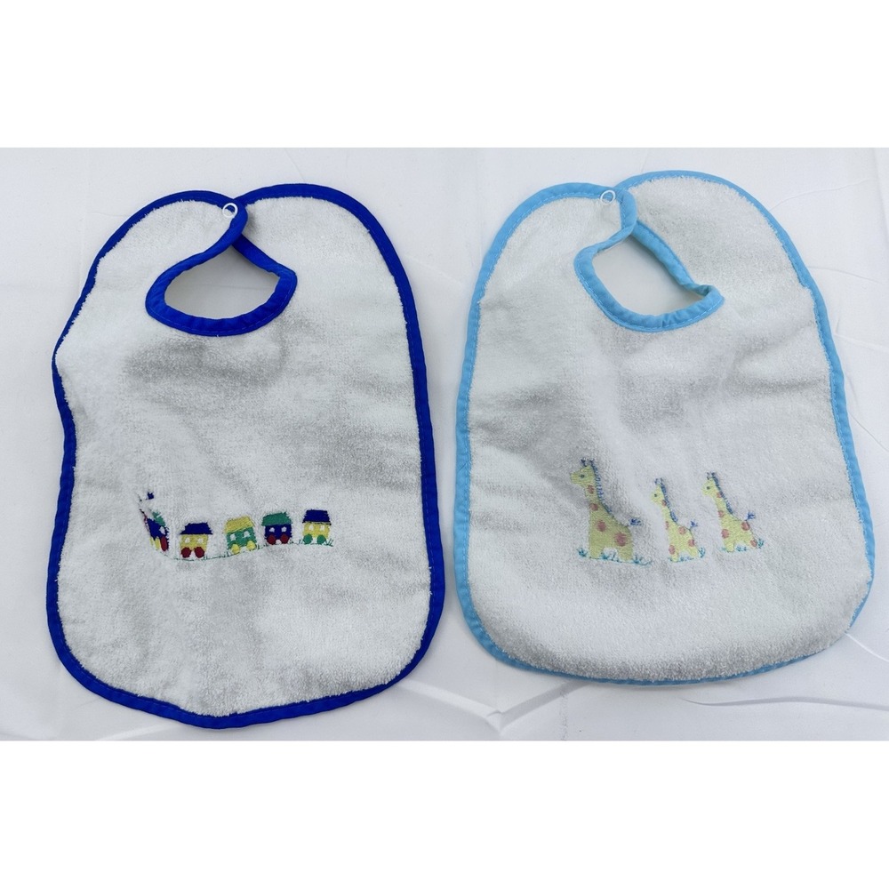Baby Boy Girl Vintage Alexis Tran Little Giraffe‎ Stitch Snap Bibs Set Of 2 USA